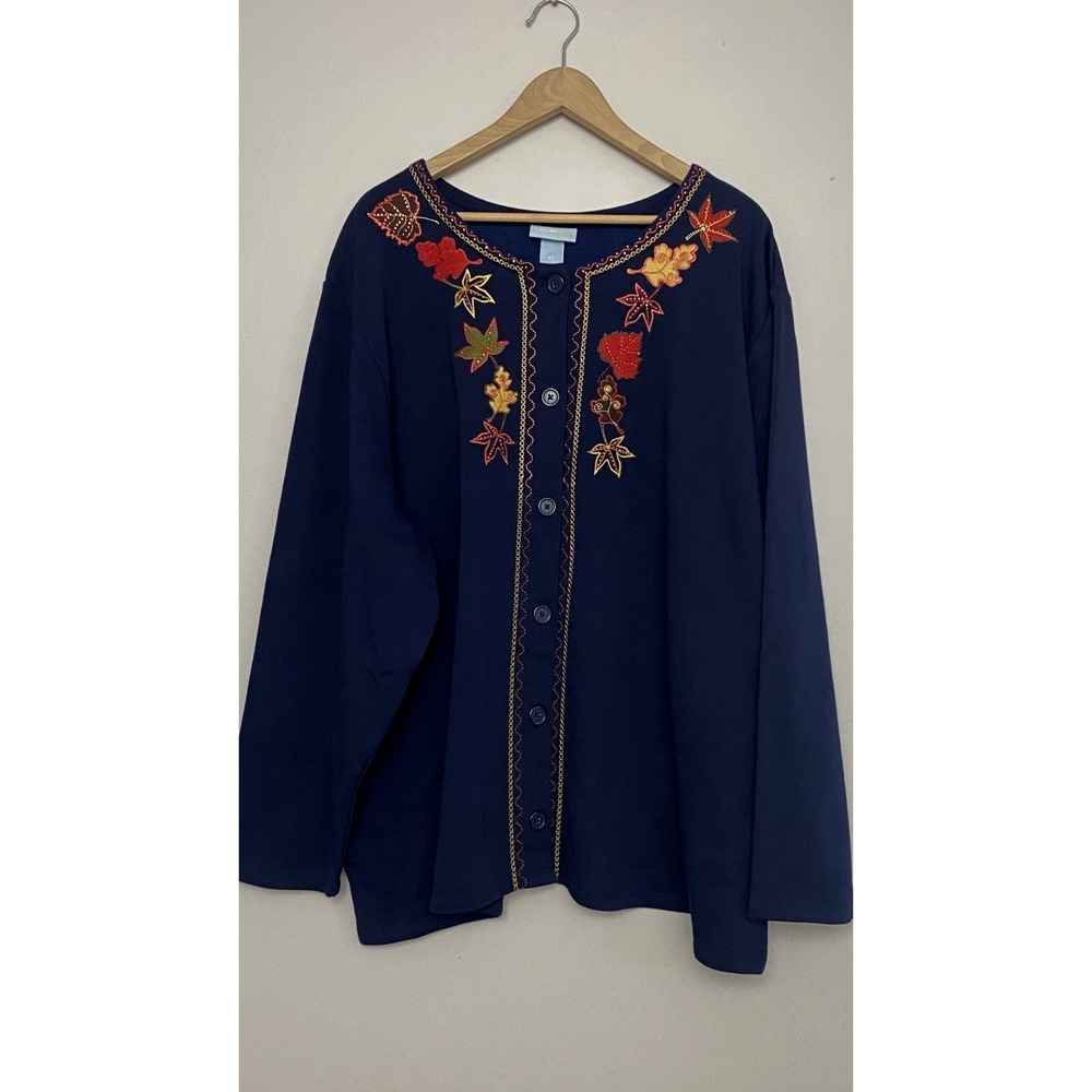 Liz & Me Cardigan Sweater 4X (30/32W) Blue Fall Leaves Patch Embroidery Soft NWT